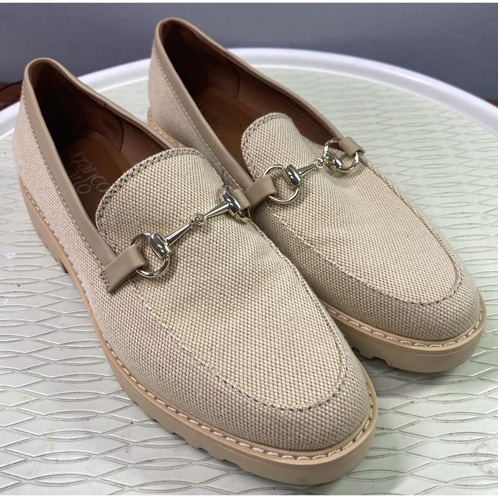 Franco Sarto Cason Women Loafers Natural Tan Canvas Slip On Shoes Horsebit 7.5 M